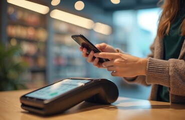 Young woman makes contactless payment using smartphone at POS terminal in shop. Shopper taps phone for wireless transaction at retail checkout. Modern cashless, digital finance technology for easy,