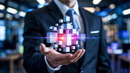 Businessman interacting with virtual touch screen technology