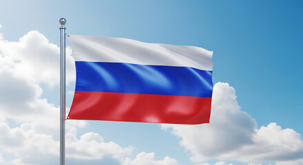 Russian Flag Waving Against a Blue Sky with Clouds