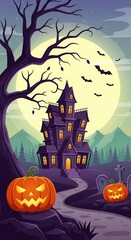 Fototapeta premium A spooky haunted house at night with carved pumpkins bats and a full moon