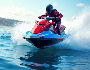 Man rides jet ski on blue water creating splash. Rider wears helmet and racing suit, enjoying fast speed and ocean waves. Exciting watercraft adventure, summer fun, sea recreation, nautical thrill.