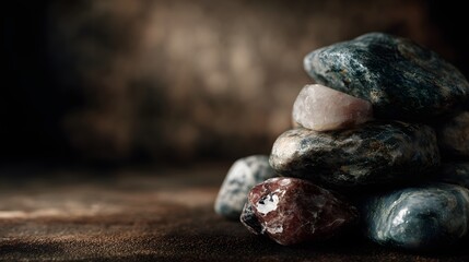Stacked polished minerals and crystals with gem lighting