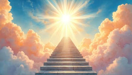 Christian watercolor illustration showing vibrant staircase ascending towards bright sunlight, glowing clouds. Divine path spirituality, hope, heavenly journey. Scene evokes peace, mystery, with rich