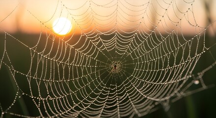 Fototapeta premium Dew-covered spiderweb glistens in the morning light, with the sun rising in the background, creating a serene and natural scene.