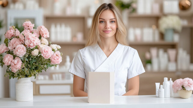 young woman standing at the reception desk of a luxurious spa salon