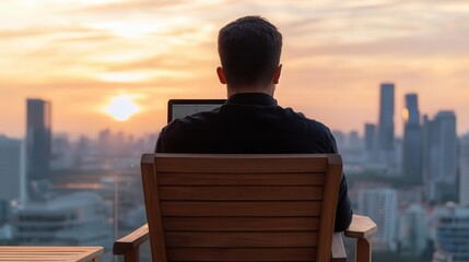 Fototapeta premium Remote employee working on rooftop terrace with city view, urban freelance lifestyle