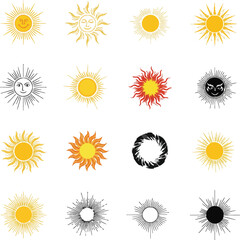 A colorful collection of sun icons and summer vector illustrations featuring different symbols of nature and light
