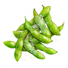 Watercolor style image of edamame beans sprinkled with sea salt