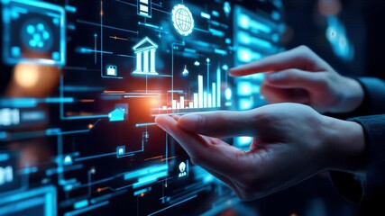 Close Up of a Hand Interacting with a Futuristic Digital Interface Displaying Financial Analytics - Powered by Adobe