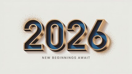 2026 3D Gold and Blue Numbers with New Beginnings Await Text on White Background for New Year Celebration and Festive Event Announcement Design