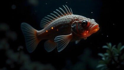 Fototapeta premium Red fish in a dark aquarium, A lanternfish drifts in pitch black, a single glowing orb beneath its eye pulsing rhythmically. The only light source in frame