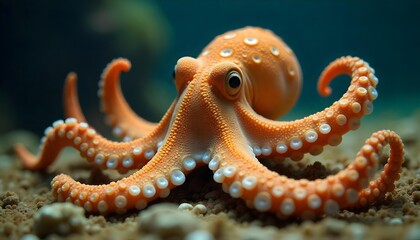 Obraz premium Octopus in the water, A mimic octopus shifts shape beneath the lens, spreading its arms to resemble a venomous flatfish. Its body flattens, skin darkens, and eyes narrow. The illusion is seamless