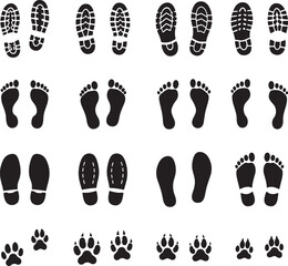 Footprints and paw prints isolated on white background showing different patterns
