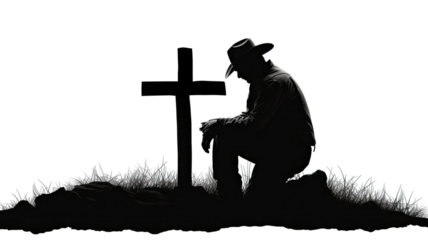 Silhouette of a man with a cross isolated on white background
