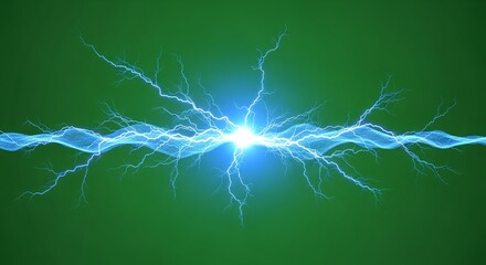 Dynamic blue lightning crackles across a vibrant green background, showcasing raw energy