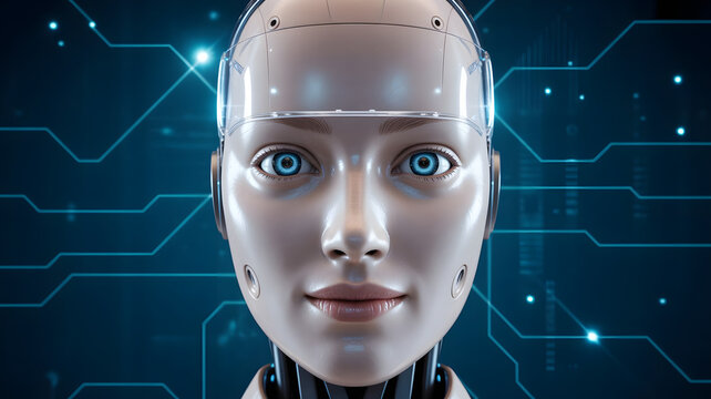 Portrait of a serene female android with realistic features. Concept of artificial intelligence, robotics, humanity, and the future of technology.