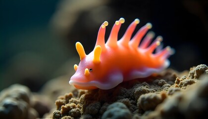Tropical fish in aquarium, A sea slug glides slowly across a rock face, its cerata swaying gently like tiny flames underwater. Its vibrant pink and yellow colors pulse against the muted backdrop 