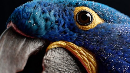 Close up of a Hyacinth Macaw's head wet feathers detailed eye Parrot Bird