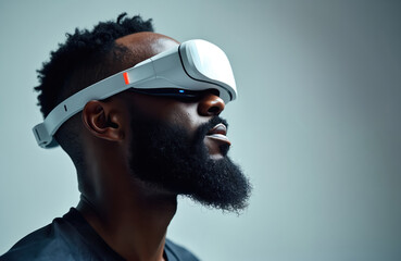 Man with beard wears VR headset, engaging with future athletic tech. Experience virtual sports, fitness tracking, AI-driven performance optimization. Explore data, biometrics, health monitoring for