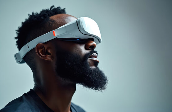 Man with beard wears VR headset, engaging with future athletic tech. Experience virtual sports, fitness tracking, AI-driven performance optimization. Explore data, biometrics, health monitoring for - Powered by Adobe