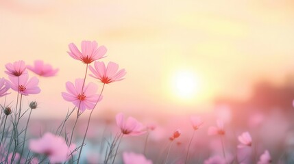 A dreamy field of wildflowers in pastel tones, with retro grain and postcard layout