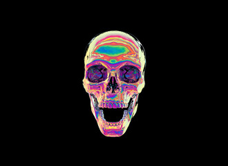 Iridescent Reflective Human Skull Isolated on Black Background Spooky Halloween