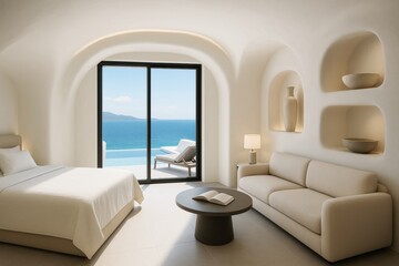 Fototapeta premium Minimalist luxury bedroom interior with ocean view and natural tones, featuring soft light and curved architecture elements. Ai generative. Ai generative