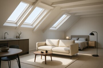 Cozy attic studio apartment interior with skylights and minimalist furniture, featuring natural light and soft neutral tones. Ai generative. Ai generative