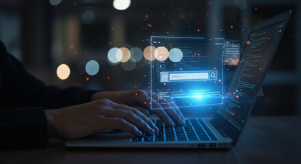 Hands typing on a laptop with a glowing search interface overlay, suggesting online research or data analysis in a modern setting.
