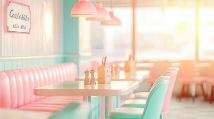 Grainy photo of a pastel diner with postcard script and faded sunlight