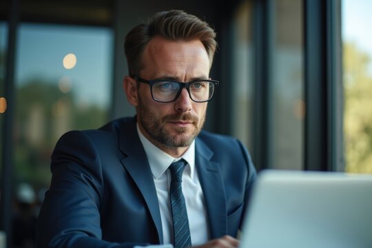 Reflection of a businessman wearing glasses on a laptop screen.