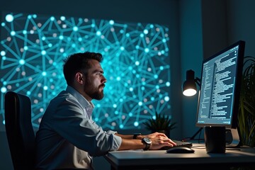 Man at Computer Desk in Office Looks Frustrated and Anxious as Screen Displays Digital Artwork of Tangled Web with Glitchy Codes