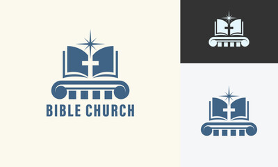 Crucifix Cross with Open Book Bible and Star for Christian God Way Church logo design