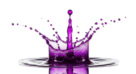 Purple fluid drop splashes upwards, creating crown on reflective surface