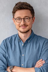 Obraz premium Handsome Smiling Man Glasses Beard Poses Confidently Portrait Wearing Blue Shirt Arms Crossed