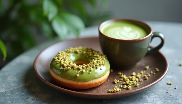 Pistachio donut with vibrant green matcha latte art. Sweet pastry coated in green glaze and crushed nuts sits on plate. Healthy, energizing beverage in cup.
