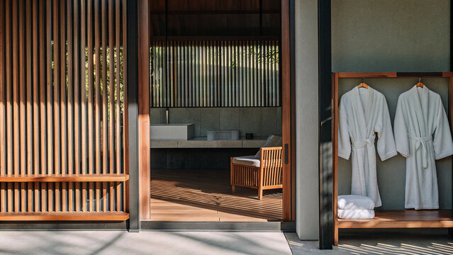 An inviting spa or hotel entrance with natural materials, featuring wooden slats, an open doorway to a serene room, and white bathrobes on a rack.

