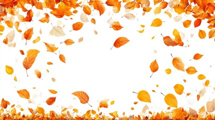Falling autumn leaves create a vibrant, rectangular frame against a stark white background.  The leaves range in shades of orange, yellow, and brown, suggesting a crisp autumnal scene