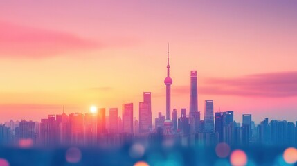 Fototapeta premium Soft focus pastel skyline with retro postcard markings and grain