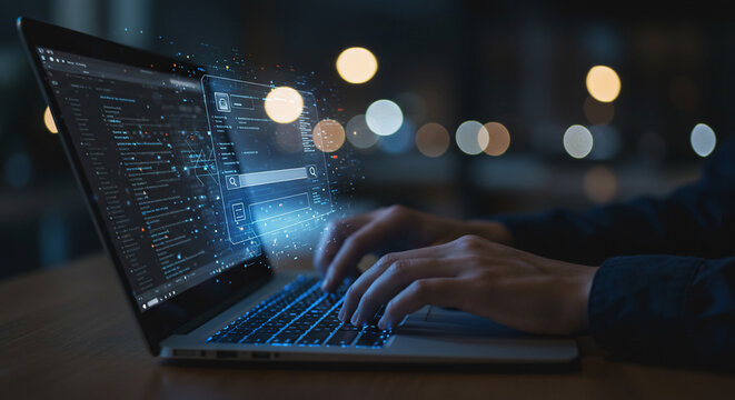 Hands typing on a laptop keyboard with code and data visualizations displayed on the screen, set against a blurred background. - Powered by Adobe