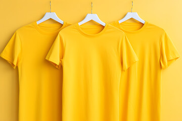 Three plain yellow t shirts hanging on white hangers against a vibrant yellow background