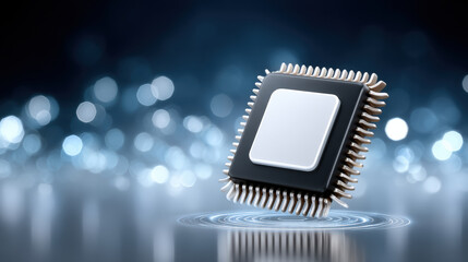 Semiconductor chip with metallic pins floating above digital circular interface glowing in blue light with bokeh background