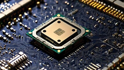 A detailed close up of a computer chip on a circuit board showing intricate patterns and components
