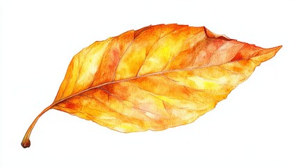 Watercolor painting of a single autumn leaf, showcasing warm orange and yellow hues, detailed veins, and a slightly curled edge against a white backdrop