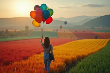 Fototapeta premium A woman floating above a colorful field in a remote area, holding onto balloons viewed from above