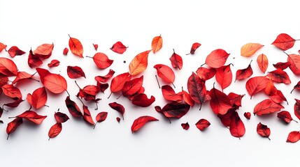 Scattered red and orange autumn leaves on a white background, creating a vibrant horizontal line