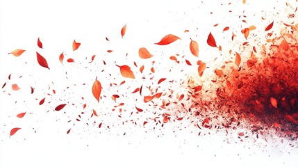 Red leaves scattered and blown in the wind, creating a dynamic, abstract explosion effect against a white background