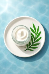 A jar of white cream with a green leaf on a white plate against a blue background