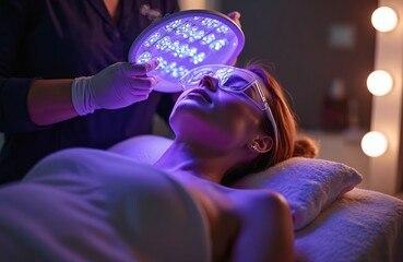Woman receives facial LED light therapy treatment in beauty salon. Beautician in gloves holds blue light lamp over face. Wears protective glasses for safe skincare, wellness. Gentle rejuvenation for