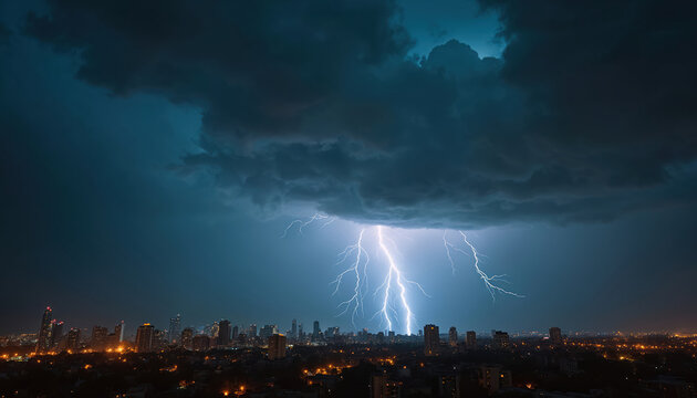 Dramatic nighttime thunderstorm over city skyline. Intense lightning strikes illuminate dark, heavy clouds. City lights glow below powerful weather phenomenon. Represents urban nature, power,